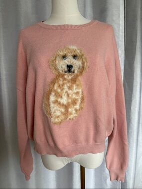 Women's Pink Crewneck Sweater with Fuzzy Puppy Motif